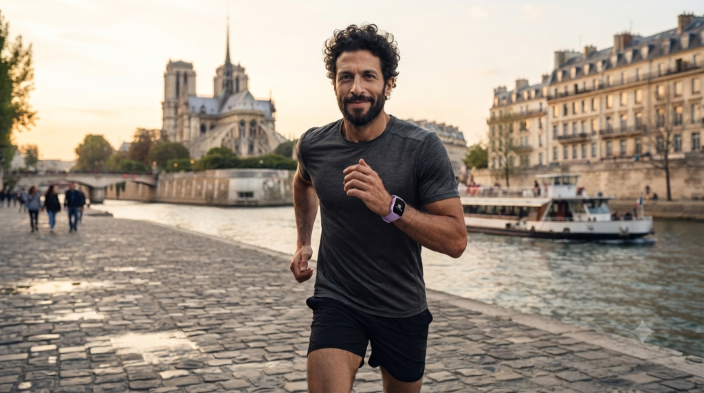 Personne qui court au bord de la Seine à Paris avec un bracelet connecté Harmony.